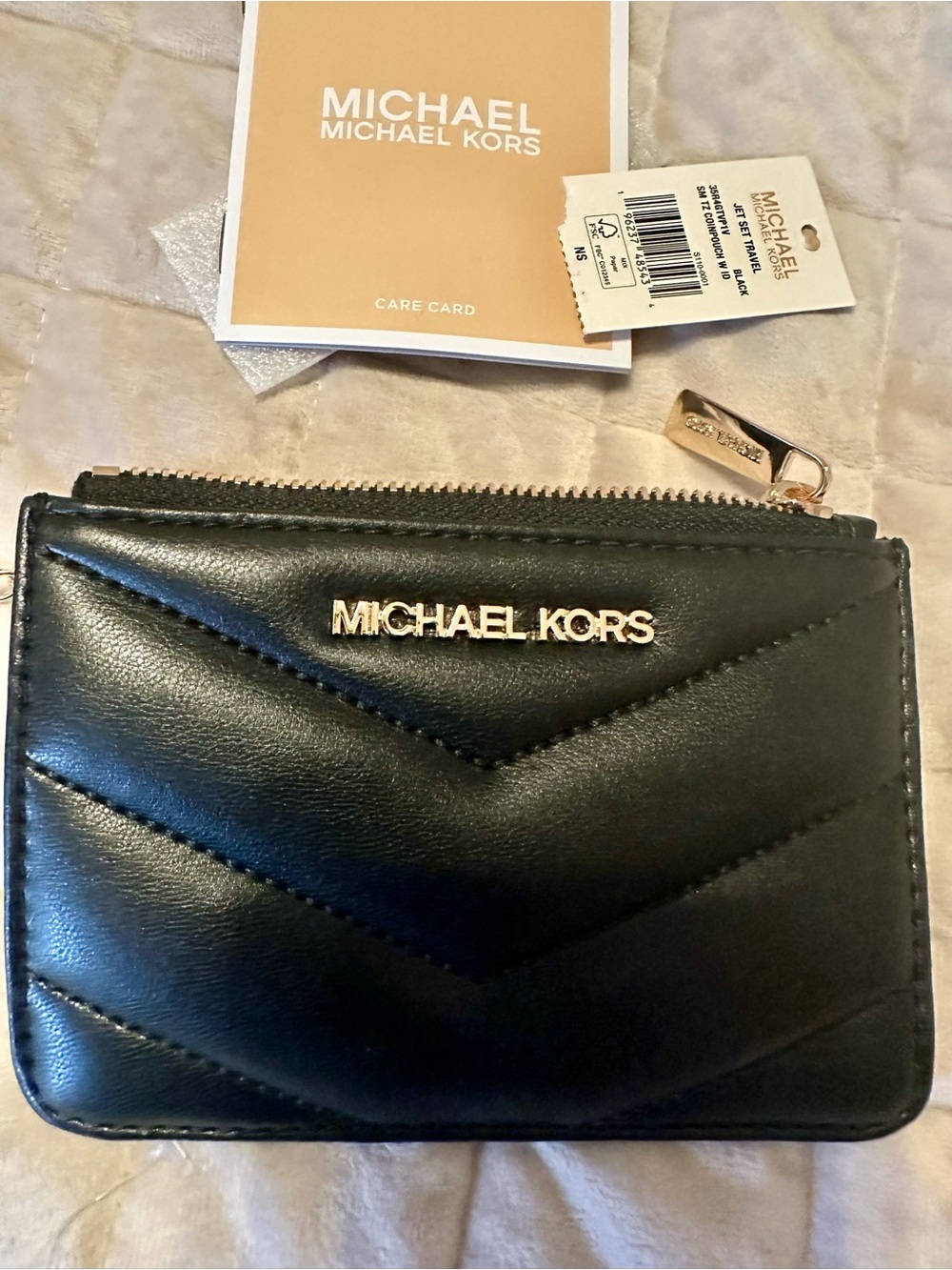 Michael Kors Black Quilted Leather Zip Card Case with Gold Hardware